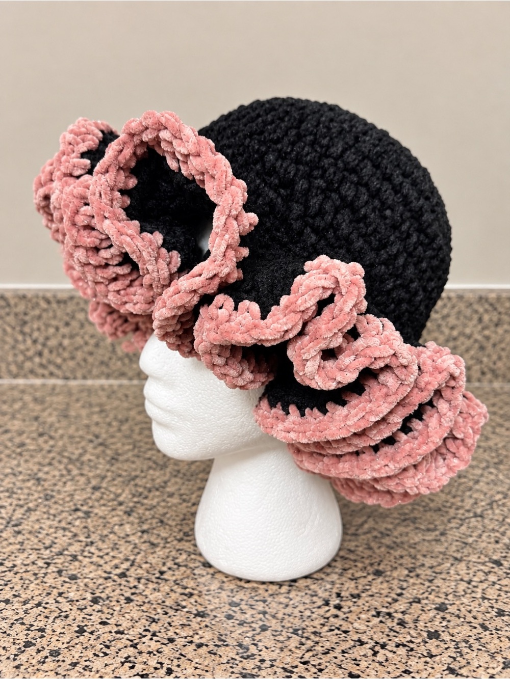 Handmade Black Beanie Hat with Pink Ruffle Trim